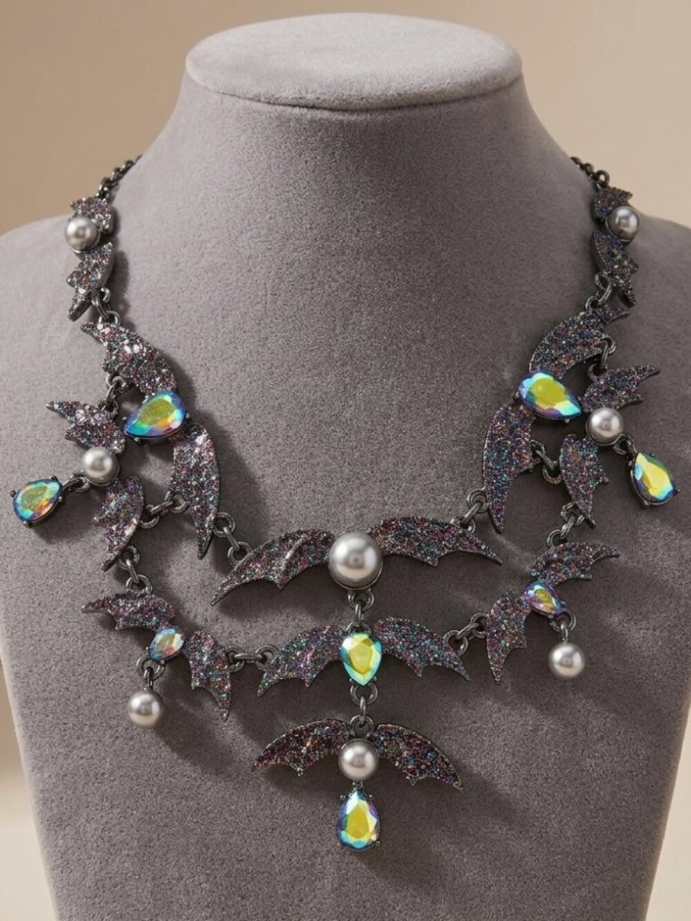 Betsey Johnson Glitter Bat Necklace with Iridescent Accents